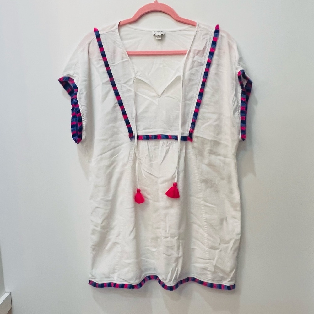 J. Crew white blue pink tassel fringe beach swimsuit over up size Medium